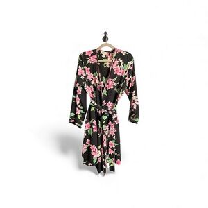Morgan Taylor Large Vintage Floral Orchids Black Kimono Robe